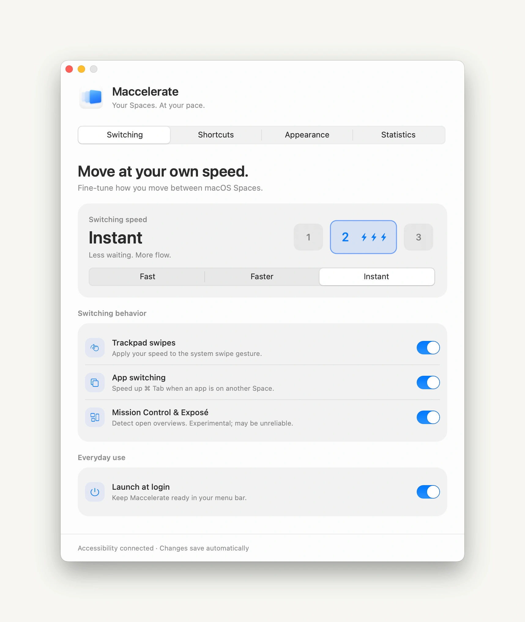 Maccelerate Switching settings with Instant selected and controls for trackpad swipes, app switching, Mission Control and launch at login.